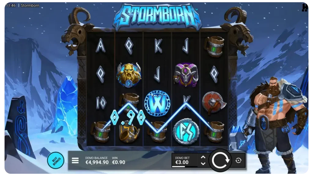 Demonstratie van de interface van de demo-versie van de slot Stormborn